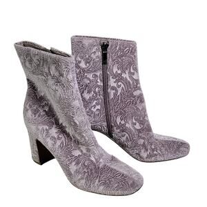 Marc Fisher Velvet Brocade Gray Grazie Square Toe Block Heel Ankle Boots Women 6